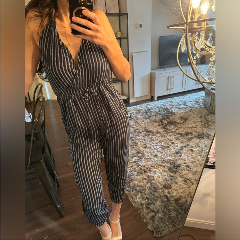 Mustard Seed Navy and White Striped Jumpsuit Medium